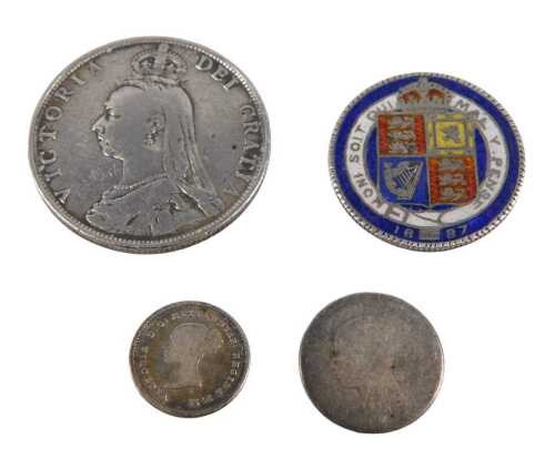 Various coins, florin, 1938 2d, threepenny bit, and a part enamel Victorian shilling. (4)