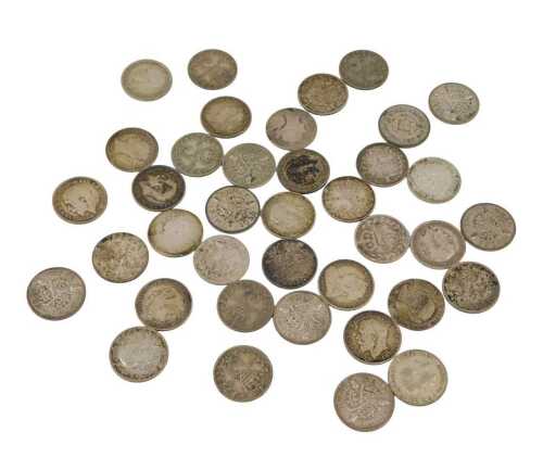Various coins, threepenny bits, mainly Victorian silver and others, 52g, contained in a small...