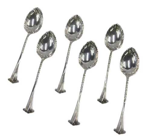A set of six George V silver teaspoons, each with fancy shell bowls, Onslow pattern, with...