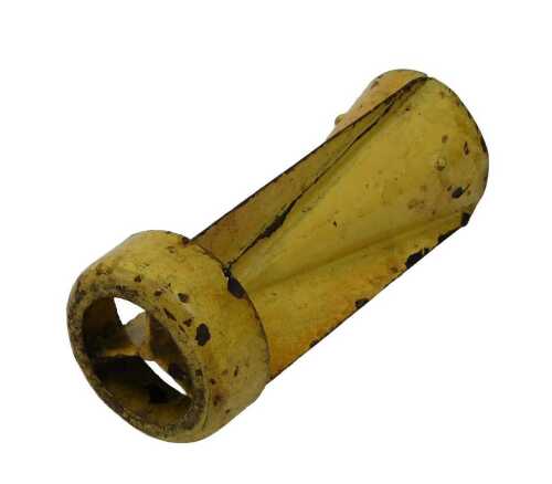 A WWII incendiary bomb tail fin, in yellow, probably German, 12cm high. (AF)