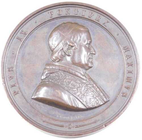 A 19thC Pius IX commemorative Popish bronze medallion, crowned 21st June 1846, raised with profile.