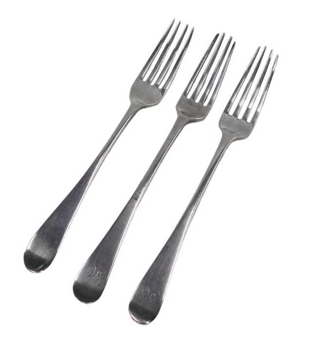 A set of three George III silver table forks, by Alexander Ziegler, Old English pattern,...