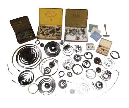 Various watch parts, balance wheels, hair springs, various other components. (a quantity)