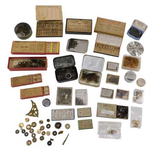Various clock parts, pieces, tempus fugit panel, 8cm diameter, a quantity of other components,...
