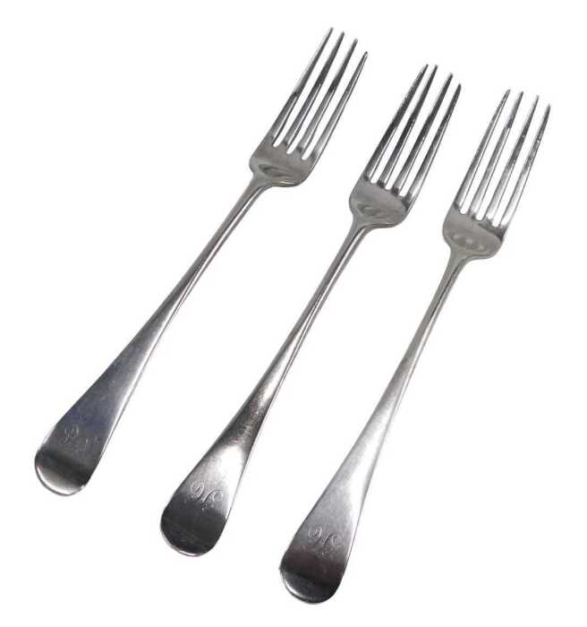 A set of three George III silver table forks, by Peter & Anne Bateman, Old English pattern,...