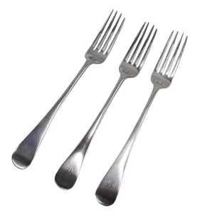 A set of three George III silver table forks, by Peter & Anne Bateman, Old English pattern,...
