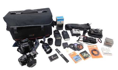 Various cameras and related items, a Cosina CSR camera, 9cm high, with F=50mm F=1.7 lens, outer...