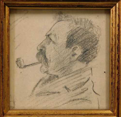 Bert Thomas (1883-1966). Portrait sketch of a gentleman smoking a pipe, 7cm x 6cm, unsigned,...