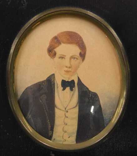 19thC School. Portrait miniature of a boy dressed in finery, gouache on paper, unsigned, 8cm x 6cm.