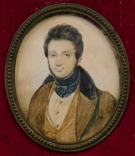 19thC English School. Portrait miniature of a gentleman, gouache on paper, unsigned, 7cm x 5cm.