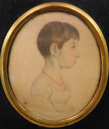 19thC School. Portrait miniature of a young lady wearing necklace, facing sinister, on paper,...
