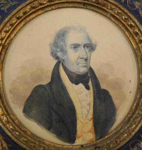 19thC School. Portrait miniature of a gentleman, mixed media with some watercolour, 9cm diameter,...