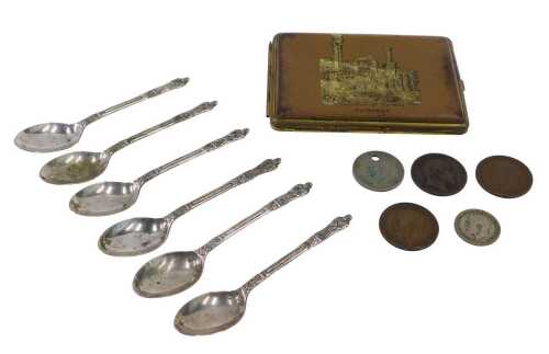 A set of six silver plated apostle teaspoons, a souvenir of Cyrene cigarette case, a small group...
