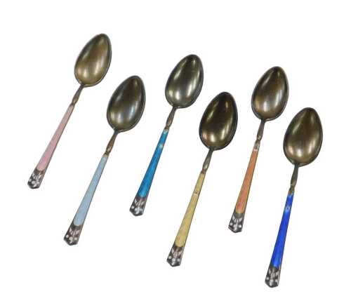 A cased set of six enamel teaspoons, each brightly decorated in varying colours, import marks...