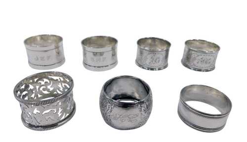 Various silver napkin rings, to include Victorian silver example, Birmingham 1889, 4cm diameter,...