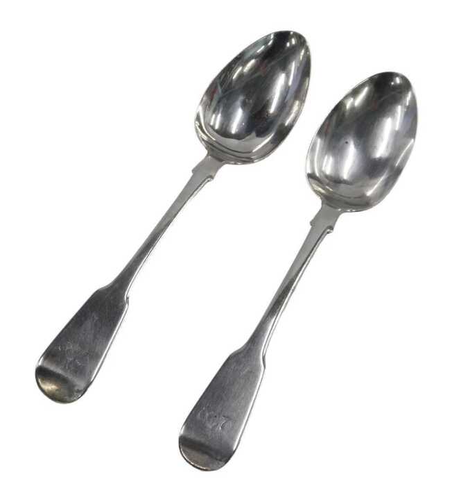 A pair of George III silver dessert spoons, by Reid & Sons, Fiddle pattern, monogrammed,...