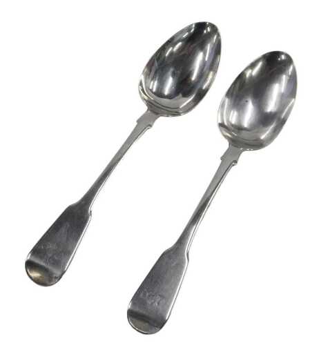 A pair of George III silver dessert spoons, by Reid & Sons, Fiddle pattern, monogrammed,...