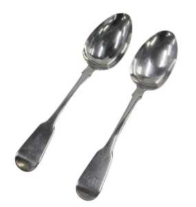 A pair of George III silver dessert spoons, by Reid & Sons, Fiddle pattern, monogrammed,...