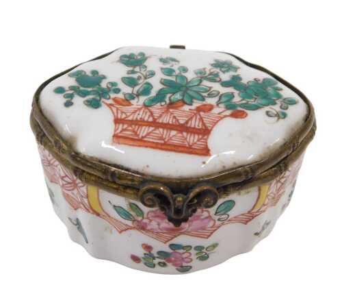 A 19thC enamel snuff box, probably Samson Paris, in Chinese style with shaped lid and gilt metal...