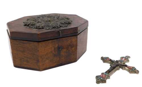 A 19thC mahogany box, of octagonal form, the hinged lid raised with patinated brass floral...