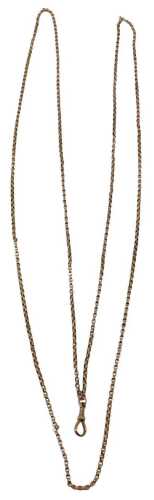 A rose gold longuard chain, yellow metal unmarked, with a clip stamped 9ct, 132cm long, 16.8g.