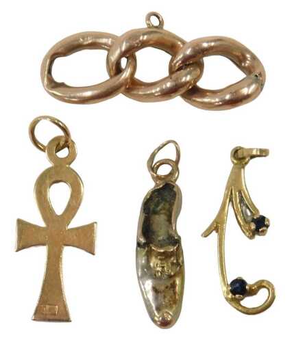 A small group of gold jewellery, comprising three rose gold links, unmarked, 1.1g, an unmarked...
