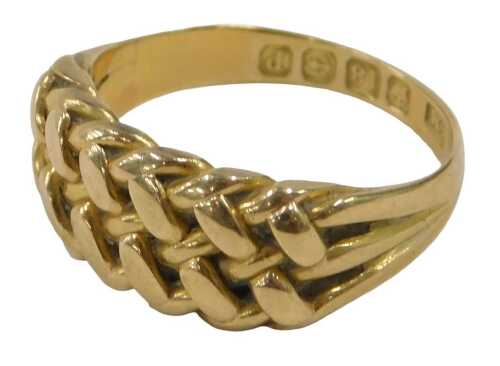 An 18ct gold dress ring, the two row crossover panelled head, on V splayed shoulders, Birmingham...