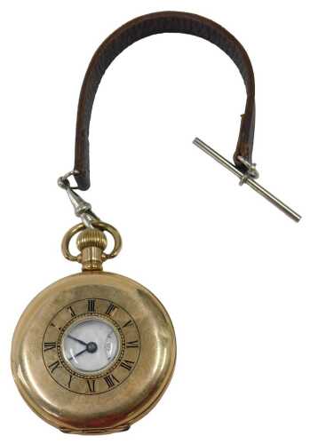 A Star Dennison gold plated half hunter pocket watch, with a white enamel Roman numeric dial,...