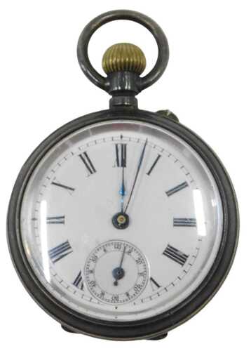 An early 20thC silver fob watch, with a white enamel Roman numeric dial, blue hands, and seconds...