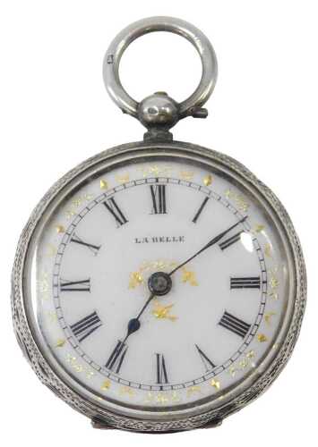 A Continental fob watch, the white enamel Roman numeric dial, with gilded point and scroll...