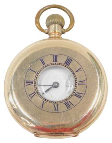 A Star Dennison gold plated half hunter pocket watch, with white enamel Roman numeric dial...