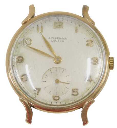 A JW Benson 9ct gold cased gentlemen's wristwatch head, with a silvered numeric dial, seconds...