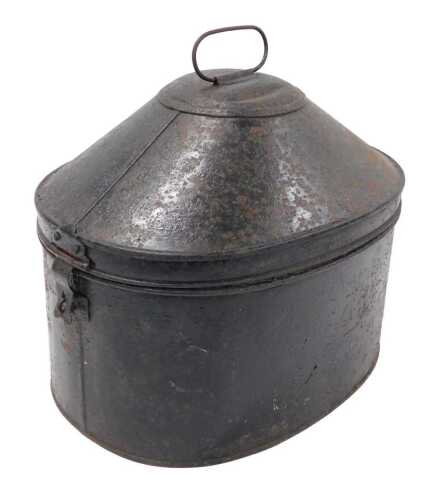 A metal hat box, for spiked military helmet, early 20thC, black painted.
