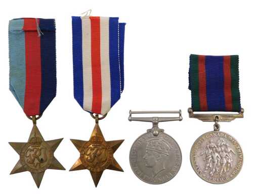 A group of WWII medals, comprising a 39-45 star, France and Germany star, the Canada 1939-45...