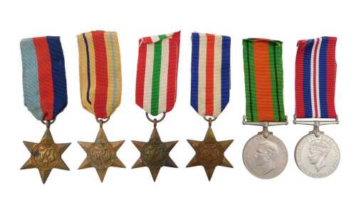 A group of WWII medals, to include 39-45 medal, France and Germany star, Africa star, Italy star,...