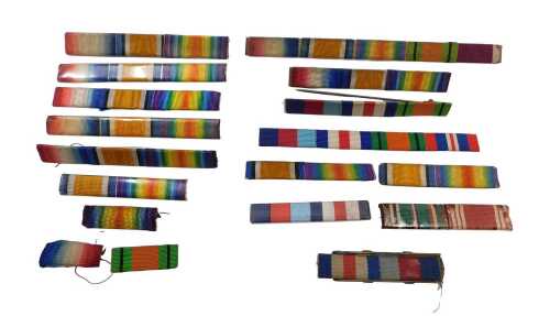 A collection of medal ribbon bars, with ribbons for WWI and WWII and post-war medals. (a quantity)