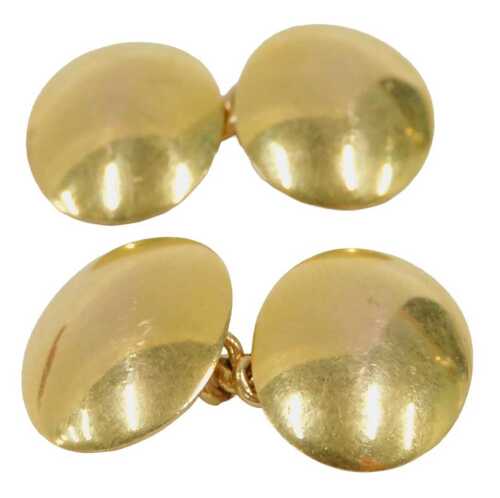 A pair of 15ct gold cufflinks, each with plain oval ends joined by chains, 8g. (2)