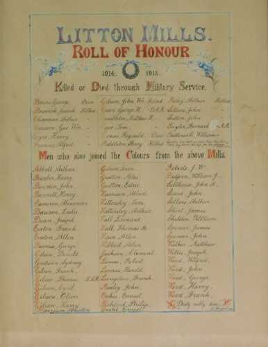A framed memorial scroll, Litton Mills Roll of Honour, showing the names of men who died in...