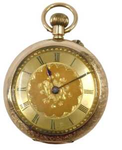 A Continental fob watch, the gold finish Roman numeric dial with blue hands and a centred...