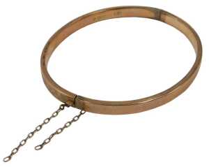 A 9ct rose gold half hinged bangle, with part floral design, 6cm diameter, 5.1g, boxed.