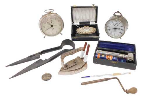 Various vintage metalware, sheep shearing shears, 27cm long, Goliath repeater travel clock, gas...