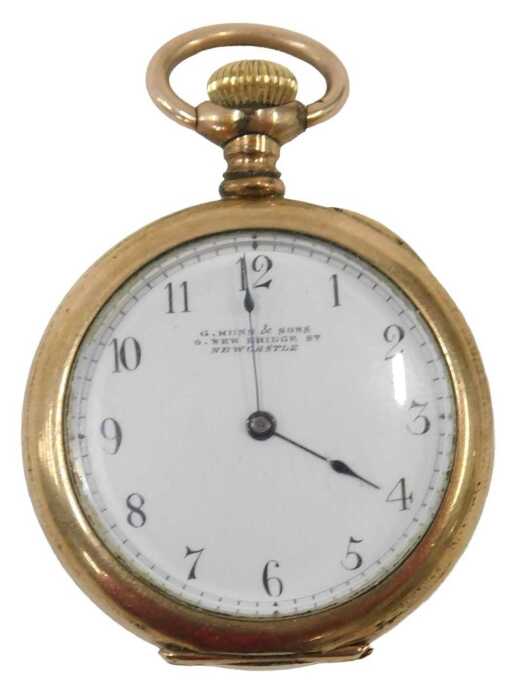 A gold plated 19thC fob watch, with white enamel Roman numeric dial, stamped G Kiss & Sons of...