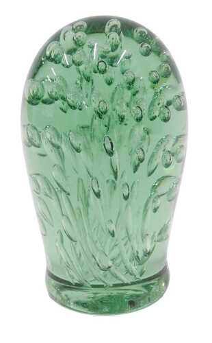 A 19thC Stourbridge style green glass dump, with flower head decoration, rough pontil, 14cm high.