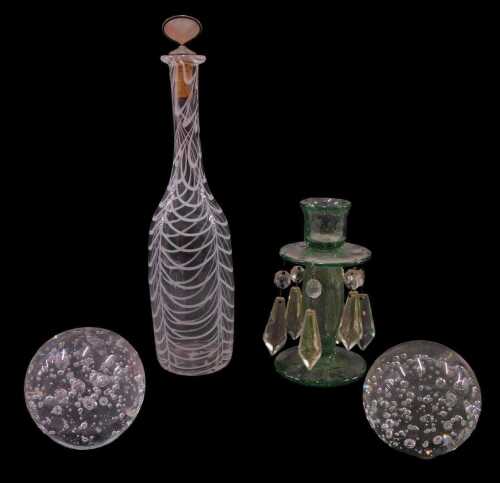 A matched pair of 20thC bubble paperweights, in white glass, 9cm high, Nailsea style decanter,...