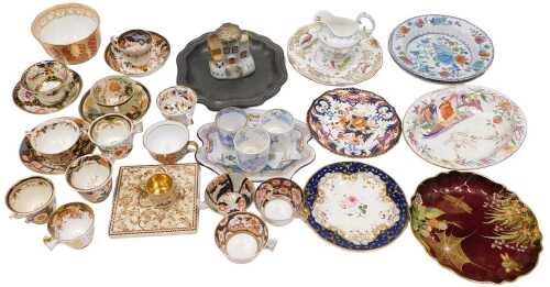 Various porcelain and effects, an early 19thC pewter plate with flared rim, 25cm wide, various...