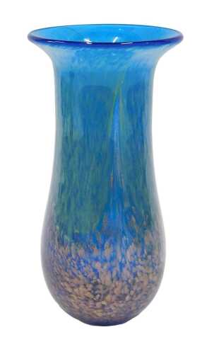 A Shudehill turquoise glass vase, with gilt highlights, labelled beneath, 28cm high.