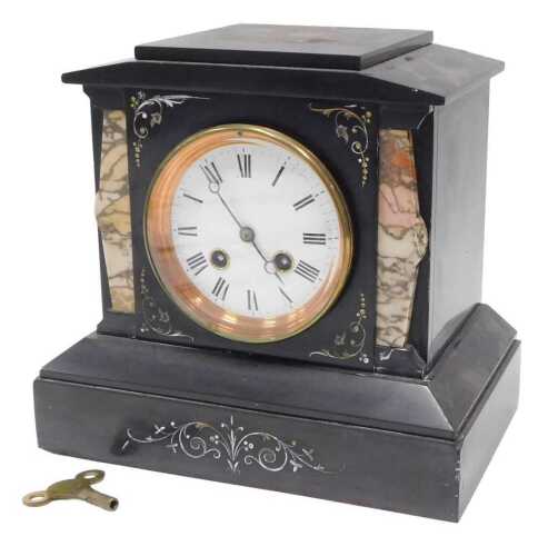 A 19thC slate and marble mantel clock, the 10cm diameter Roman numeric dial in an architectural...