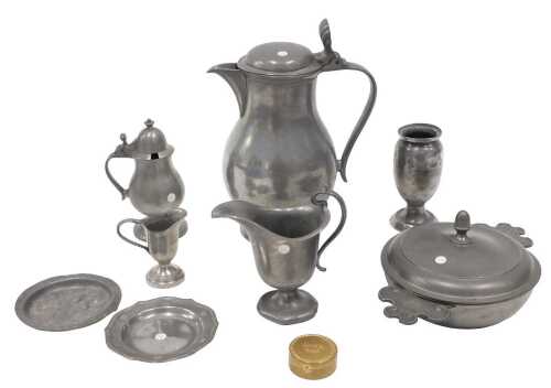 Various pewter, 19thC and other, flagon with thumb mould handle, 25cm high, two handled lidded...