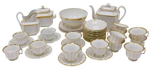 A 19thC Continental part tea service, each piece similarly decorated with gilt highlights and...