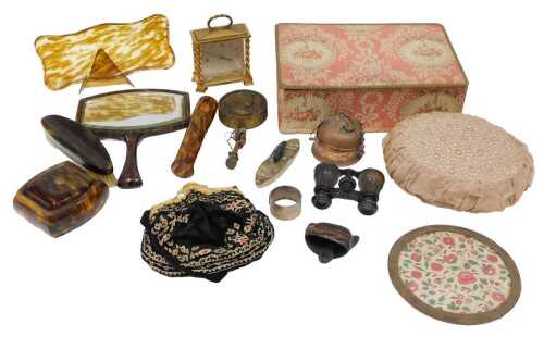 Various haberdashery, plastic dressing table set, pin cushion, material boxed, 28cm wide, purse,...